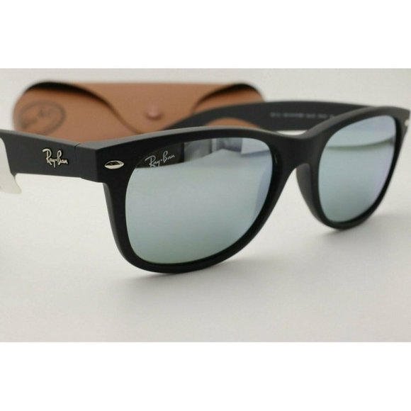 New Ray Ban RB 2132 New Wayfarer Sunglasses 622/30 Matte Black / Green Mirrored - Picture 4 of 5